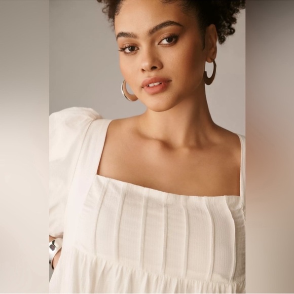 By Anthropologie Mini Tiered Baydoll Dress Size 1X White Square-Neck Puff Sleeve - Picture 4 of 12